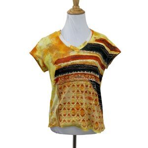 Chicos Stitch Detail Crop Shirt Womens Plus 1 Yellow Flame Cap Sleeves Cotton